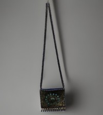 Vtg BOHO Velvet Festival Purse Pouch Blue Silk Velvet Stones Beaded Fringe Strap