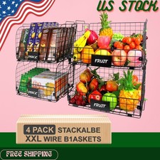 NEW 4PK XXL Stackable Wire Storage Baskets 16.3x12x8.2in Pantry Kitchen Organize