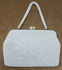 1950's Corde Bead Lumured Purse Bag Ivory Cream Handmade Beaded Handbag Evening