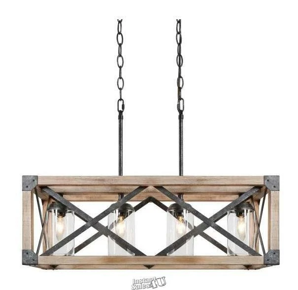 Lámpara de araña Mari de 4 luces de madera envejecida y metal negro oxidado con vidrio transparente  Foto 2 de 2