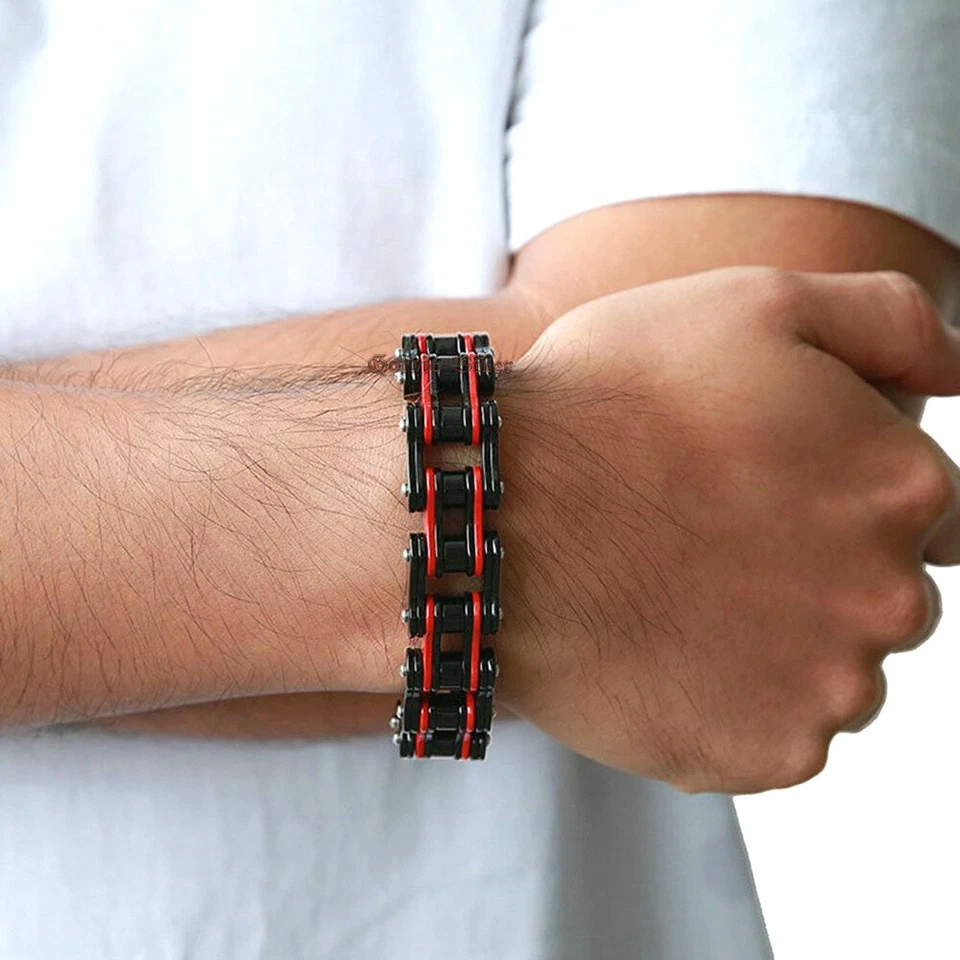 Pulseira masculina corrente de motocicleta de aço inoxidável preta vermelha sólida 9 polegadas (L) - Imagem 3 de 4
