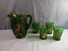 Northwood Green Glass Memphis Water Set Pitcher & 4 Tumblers