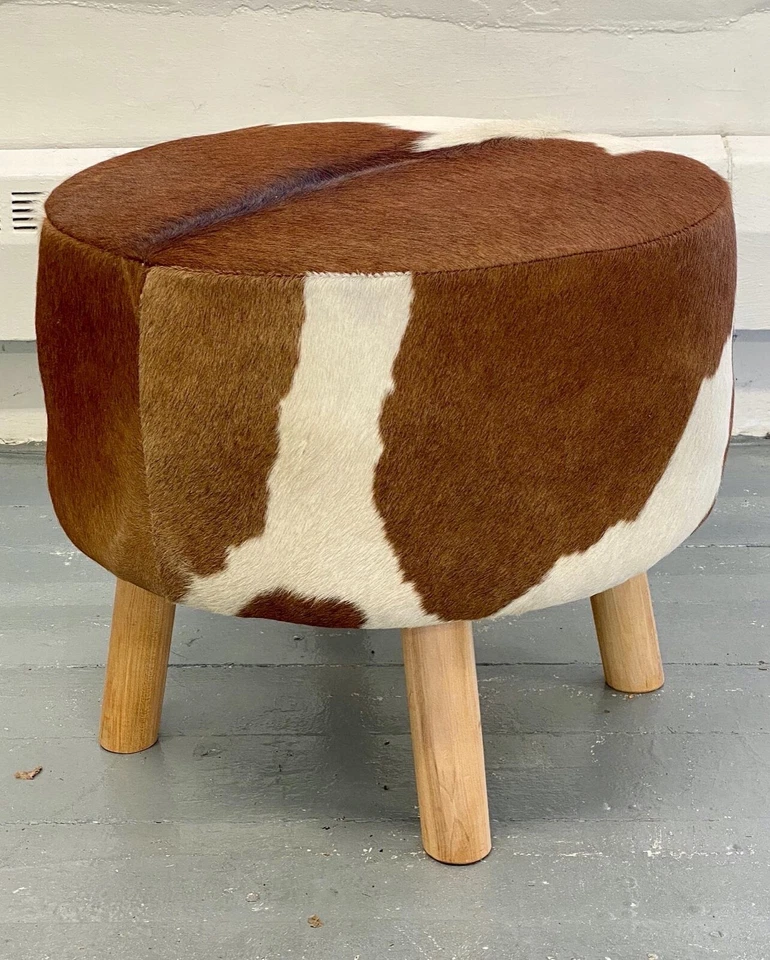Round genuine cowhide ottoman, brown and white, 21" diameter x 18" handcrafted - Image 3 of 4