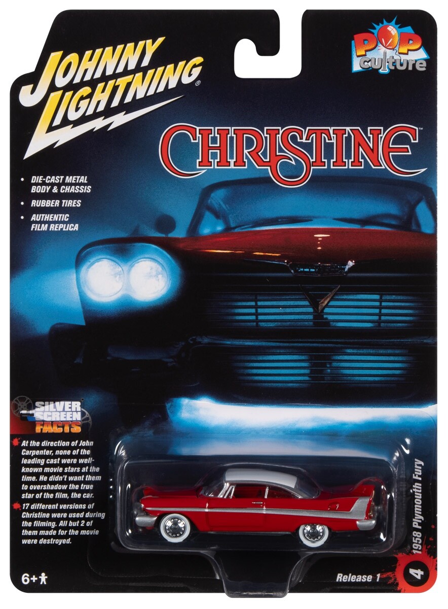 Voiture Miniature Johnny Lightning 1:64 - Plymouth Fury 1958 'Christine' Rouge - Modèle Moulé Sous Pression - Neuf Sous Blister