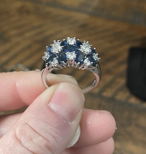 Vtg Silver Plated Engagement Ring Sz 9 3Ct Simulated Sapphire & Faux Diamond