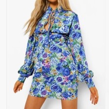 Boohoo Blue Floral Print High Neck Mini Dress Size 6