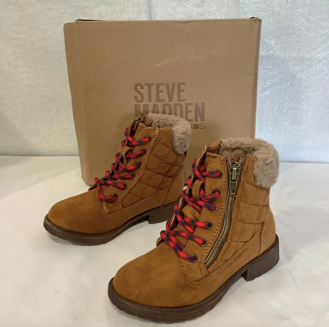 Botas de nieve Steve Madden Roddes talla 11 para niñas color marrón coñac con ribete de piel con cremallera Foto 4 de 4