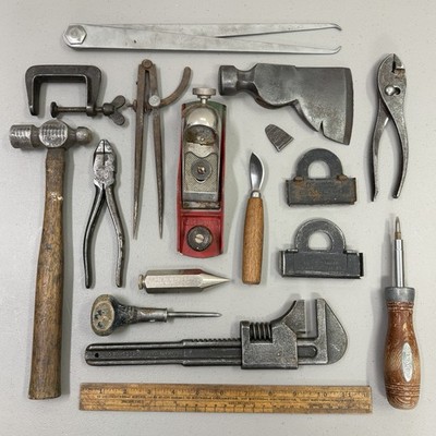 Vintage Mixed 16 Pc Hand Tool Lot Plane Hammer Compass Pliers Wrench Awl Hatchet