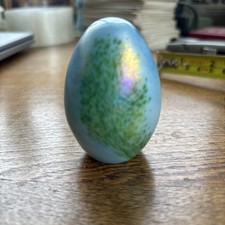Signed MSH Beautiful Iridescent Blue Art Glass Egg Paperweight 2 3/4”
