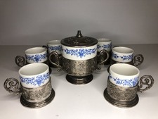 Vintage Weidmann Porzellan-Mokkatassen mit Zinn- oder Silberfassungen