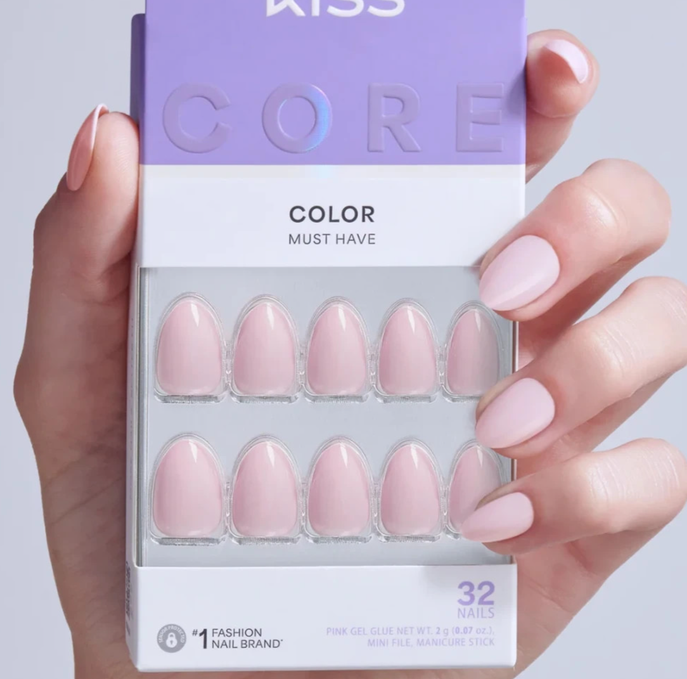 KISS CORE COLOR GLUE ON FALSE NAILS SHORT LENGTH ALMOND SHAPE PINK EUPHONIOUS