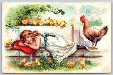 Tarjeta postal en relieve de saludos de Pascua de Raphael Tuck niña pollitos gallina Alemania BB234