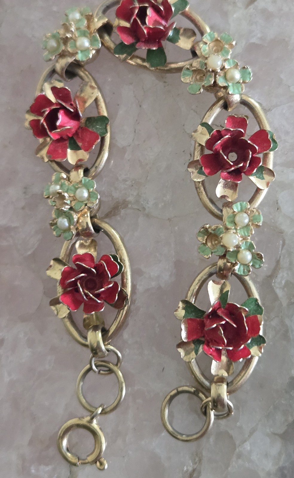 Vintage Enamel Rose Faux Pearl Bracelet Gold Tone Floral Link Red Green