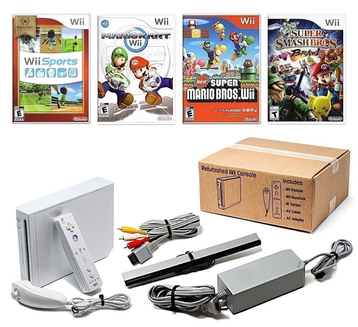 Authentic Wii Console System White + Pick Games, Controllers