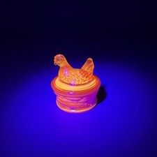 Vintage EE Bowman Round Glass Mini Hen on Nest Salt Cellar 1" Amber Red Glows
