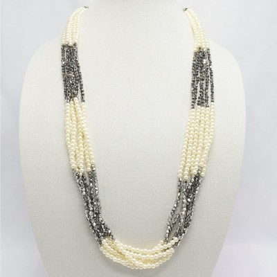 Multistrand Cream Pearl & Metallic Silver Beaded Long Statement Necklace Glam