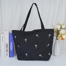 Large Black Floral Tote Bag with Pocket 11.8 x 13.6 in