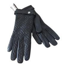 Burberry Lambskin Leather Gloves Size 7 TB Monogram Quilted Black Cashmere Lined