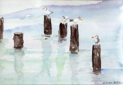 Original Watercolor  5x7 Cute seagulls on piling, Horizontal,  Amelia Island, FL
