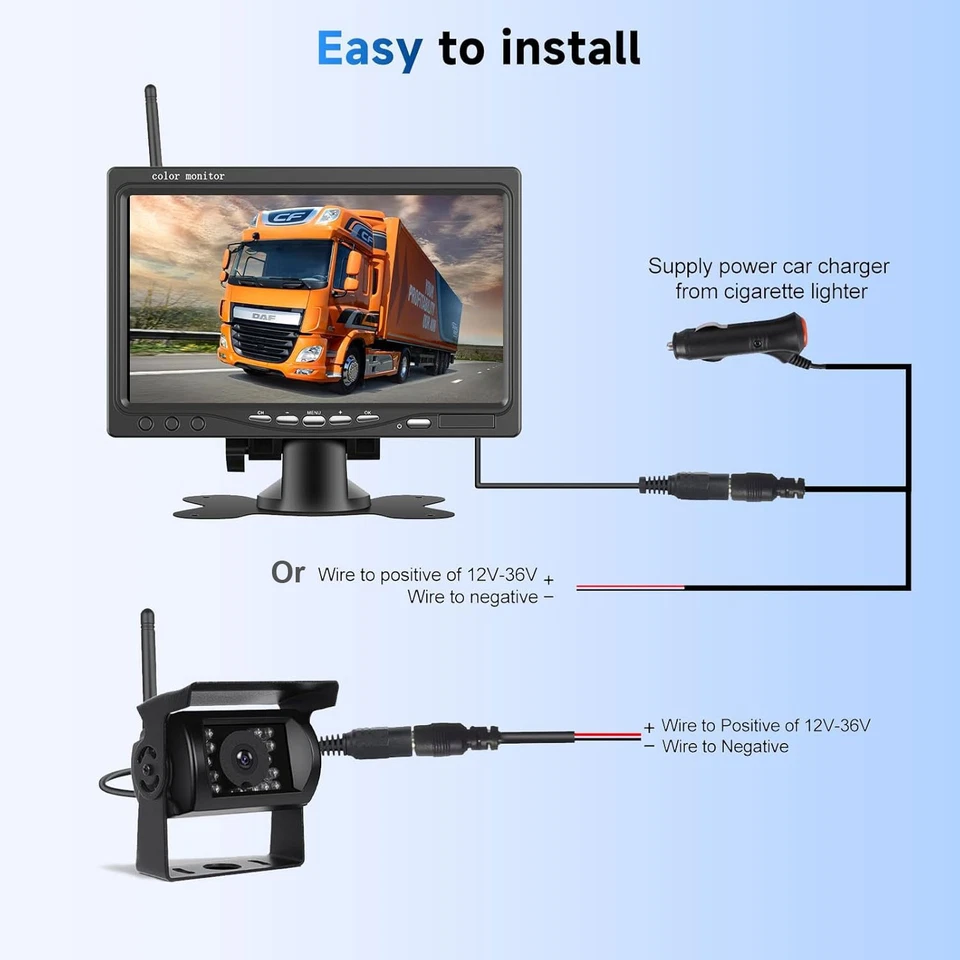 Wireless Rear View Backup Camera 7" Monitor Kit for Trailer Truck RVs Bus 12-24V - Image 4 of 4