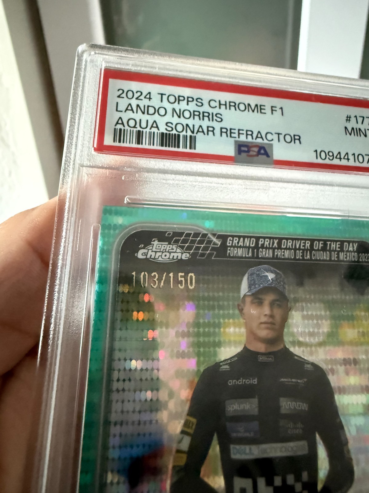 2024 Topps Chrome F1 Grand Prix Driver of the Day Lando Norris Aqua Sonar Refrac view 2