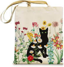 Black Cat Canvas Tote Bag with Zipper Pockets Vintage Flowers Cute Tote Bag Aest