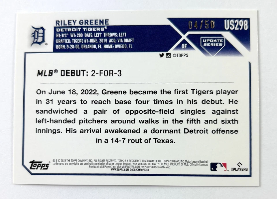 Riley Greene 2023 Topps Update #US298 Skeleton Foil 4/50  - Image 2 of 2