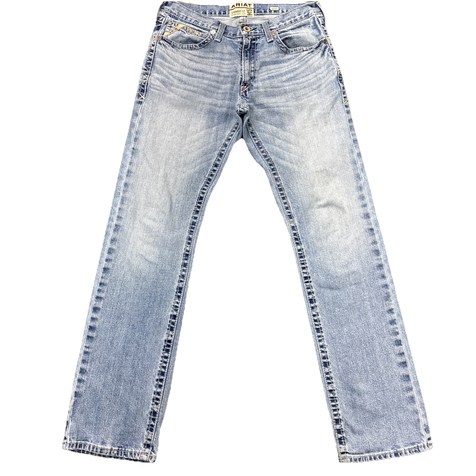 S 34x36 Straight Fit Blue Denim Whiskering Stretch Cowboy