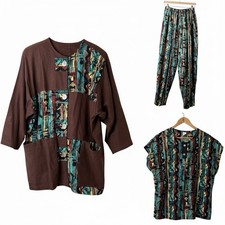 VTG Fixsun Casual 3 Pc Abstract Wearable Art Hammer Pant Set Boho Lagenlook Sz L