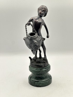 Bronze Water Girl Figural Sculpture On Green Marble Base 11.25  Tall Excellent