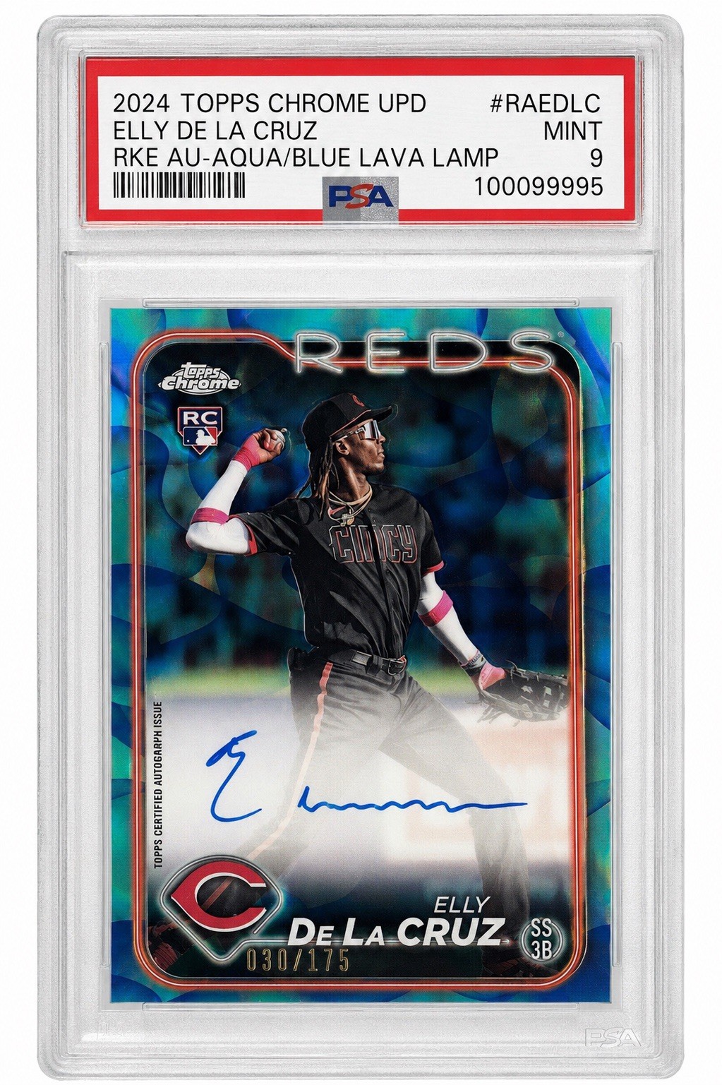 Elly De La Cruz /175 Rookie Auto Aqua/Blue Lava Lamp 2024 Topps Chrome RC PSA 9