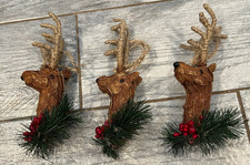3 Reindeer head Christmas ornaments holiday Natural Deer Mount Rustic Wood Pine