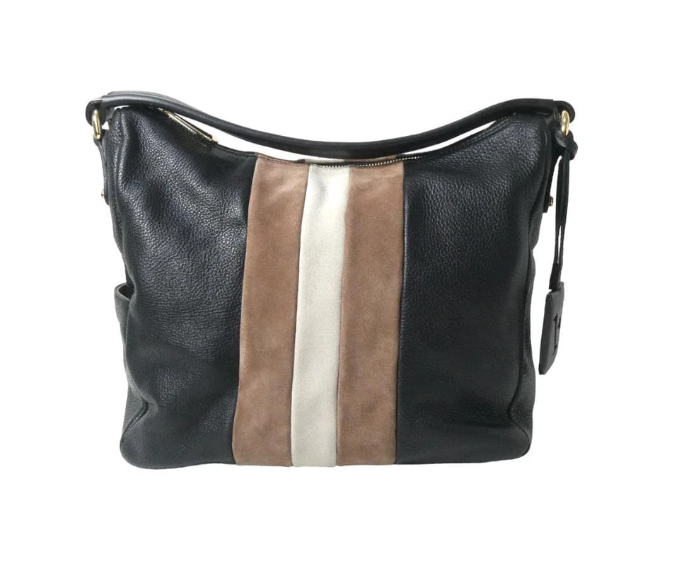 Bolso Bandolera FURLA Cuero Rayas Logo Dije Negro Gamuza Acento Excelente Foto 2 de 4