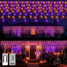 echosari Halloween Icicle Lights Outdoor Battery Clear Wire - Orange & Purple 
