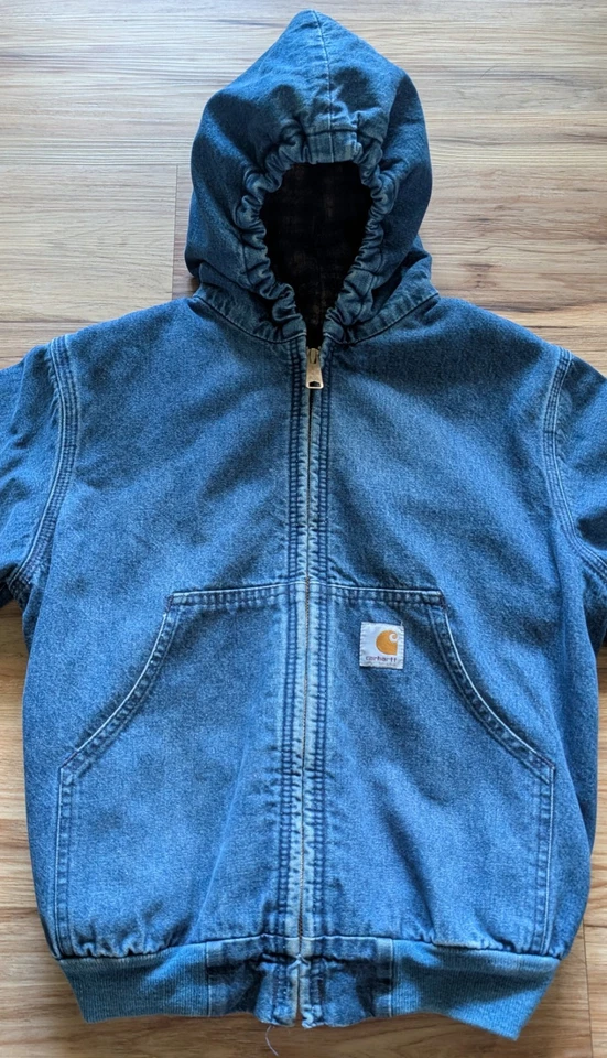 Vintage Carhartt Denim Hooded Jacket Youth M Blue Blanket Line ASAP Rocky Y07DST - Image 3 of 4