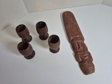Vintage MCM Hand Carved Hawaiian Tiki Statue Solid Wood Signed Plus 4 Wood Cups