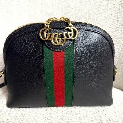 Authentic Gucci Ophedia Dome crossbody bag black leather red green accents GG