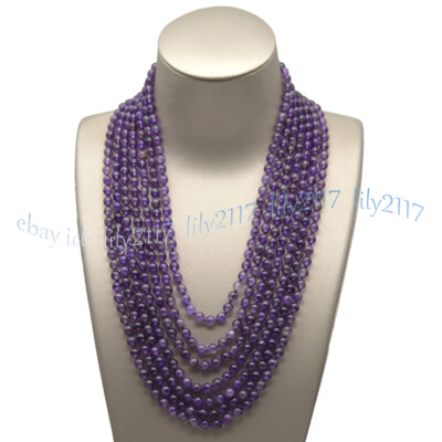 7 Rows 6mm Natural Purple Amethsyt Round Gemstone Beads Necklace 17-23''