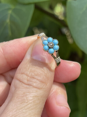 Antique Gold Victorian Turquoise And Pearl Cluster Ring Size P 9ct Or  15ct UK