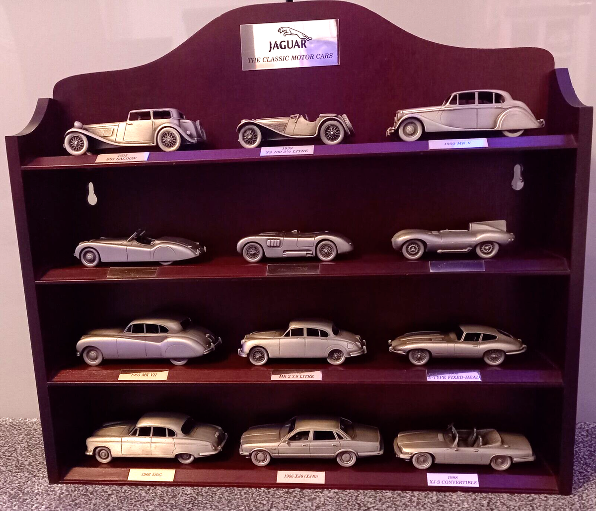 DANBURY MINT JAGUAR PEWTER 12 CAR COLLECTION DISPLAY STAND FROM  1935-1988
