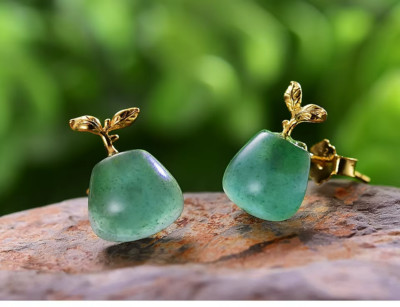 Natural Aventurine Gemstone Tree Sprout Nature Inspired 925 Silver Stud Earrings