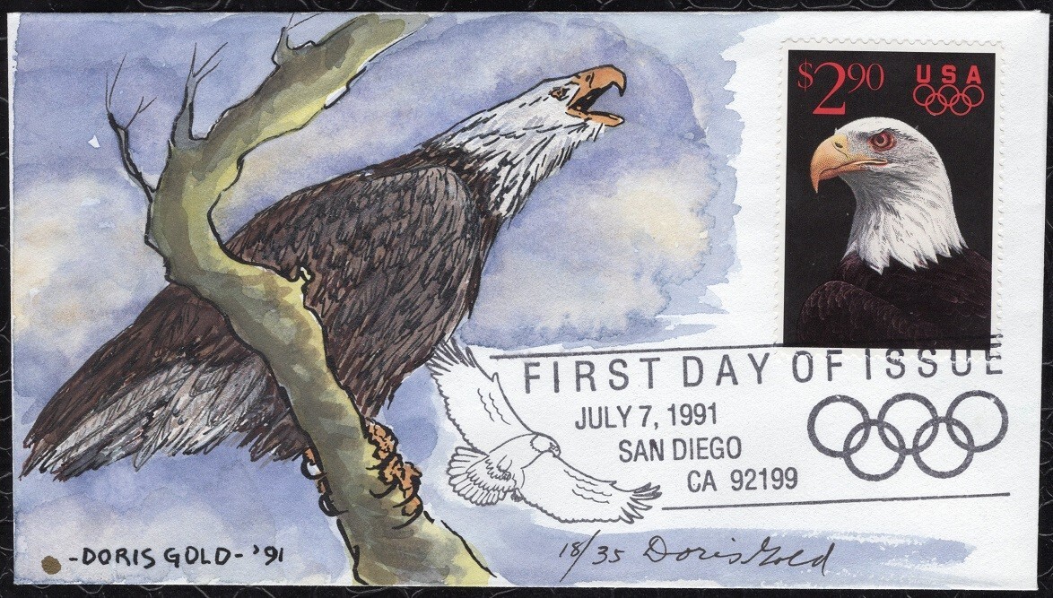 DORIS GOLD Hand Painted 1991 Priority Mail Eagle w/Olympic Rings