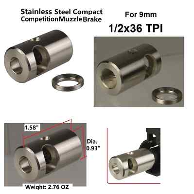 TACFUN Compact 9mm Muzzle Brake Compensator - Low Recoil, 1/2x36 Thread, Includes Washer