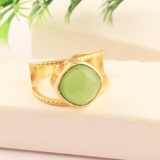 Cushion Green Chalcedony Double Leyer Ring Gold Plated Stackable Adjustable Ring
