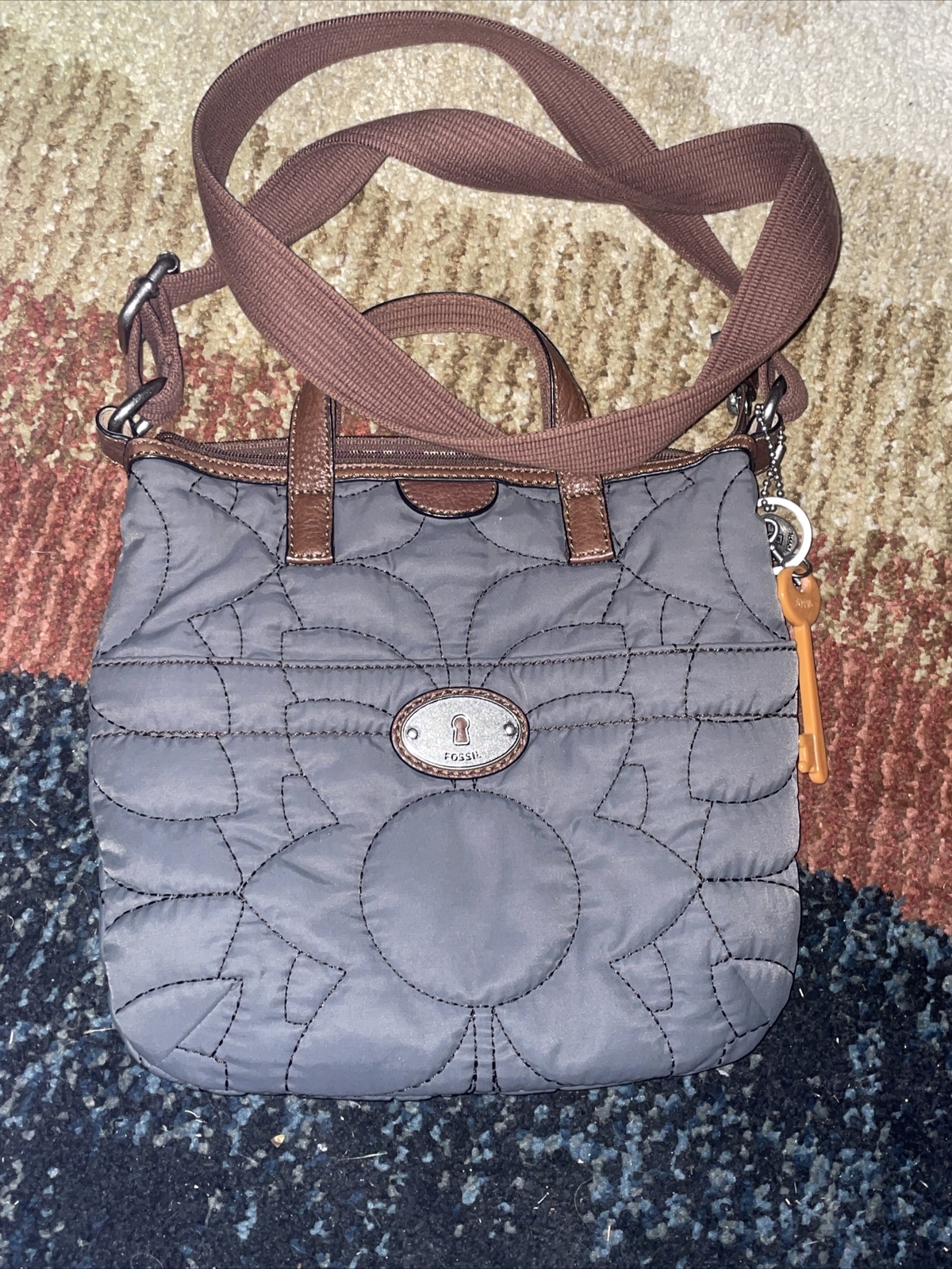 Fossil KeyPer Gray Quilted Fabric Crossbody Bag Purse W/Leather Trim