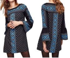 Ann Taylor LOFT Black Blue White Mosaic Boho Shift Dress Bell Sleeve Med/Petite
