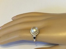 Vintage Solid Sterling Silver 925 Pearl Ring Sz - 6.5 Adj. Sparkling Clear CZ