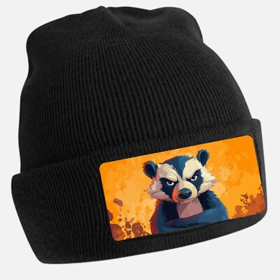 Angry Badger Black Beanie Hat Unisex Cotton