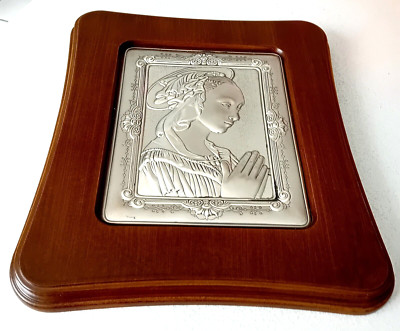 Religiöses Gemälde, Andachtsbild, Reliefplatte aus 925 Silber, auf Holz