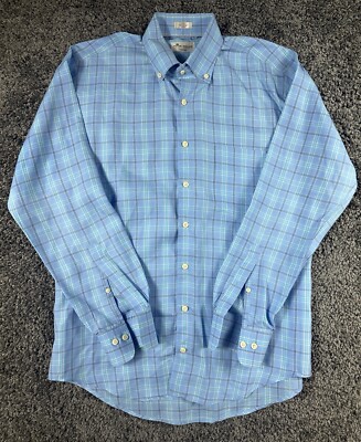 Peter Millar Crown Ease Button Long Sleeve Shirt Mens M Blue Windowpane Plaid